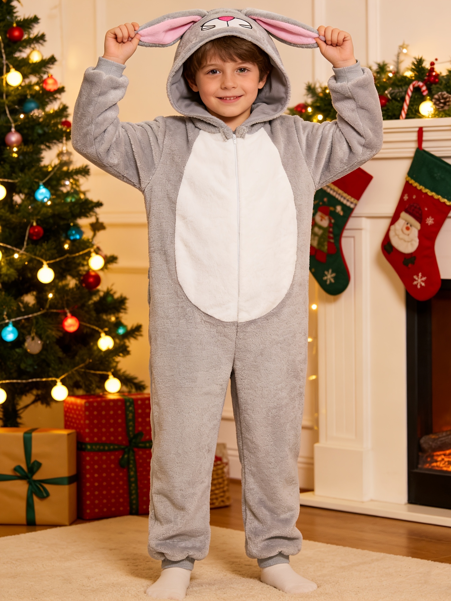 Children's Cute Rabbit Halloween Costume, Plush Hooded Jumpsuit